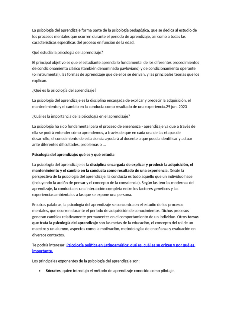 La Psicología Del Aprendizaje | PDF | Aprendizaje | Sicología