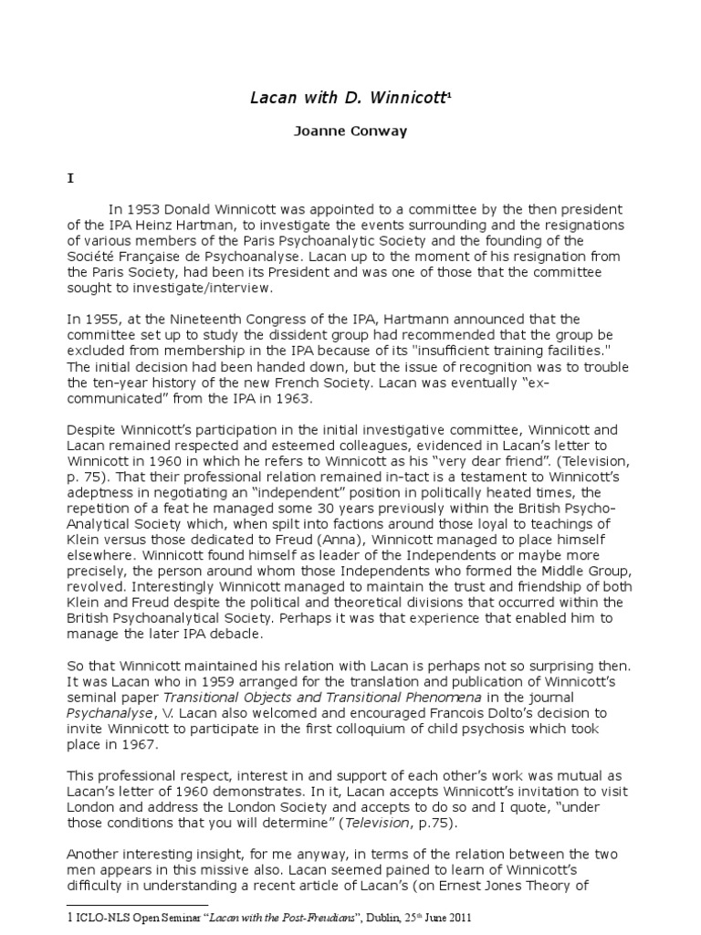Lacan and Winnicott's Psychoanalytic Dialogue | PDF | Philosophy