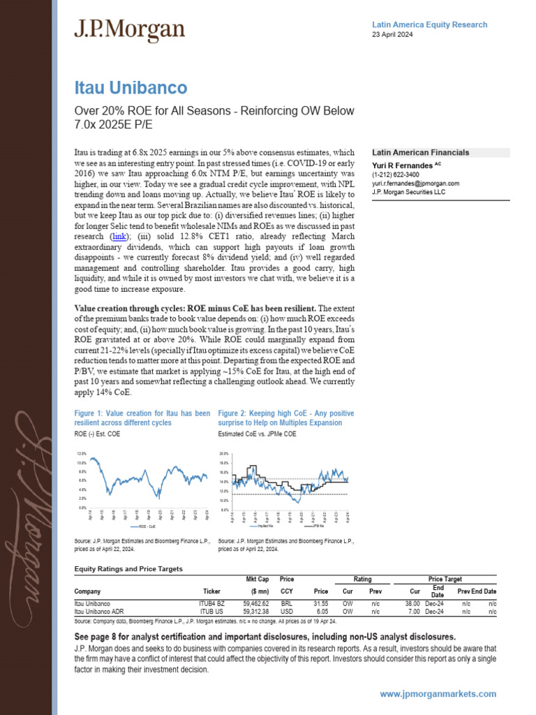 JP Morgan - Itaú Unibanco | PDF | Book Value | Equity (Finance)