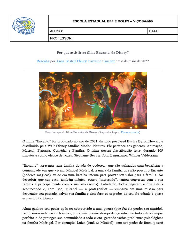 Exemplo de Resenha Crítica (Filme Encanto) para o 6°3 | PDF