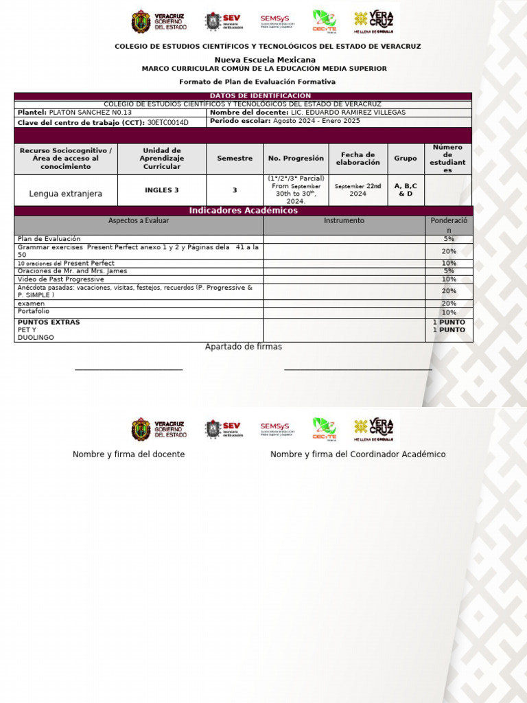 Formato Plan de Evaluación 3ER SEMESTRE | PDF | Aprendizaje