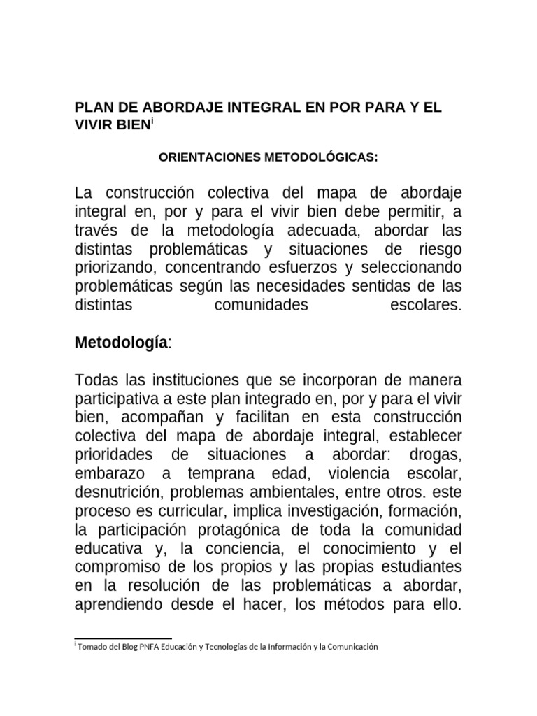 Plan de Abordaje Integral en Por para y El Vivir Bien | PDF | Valores ...
