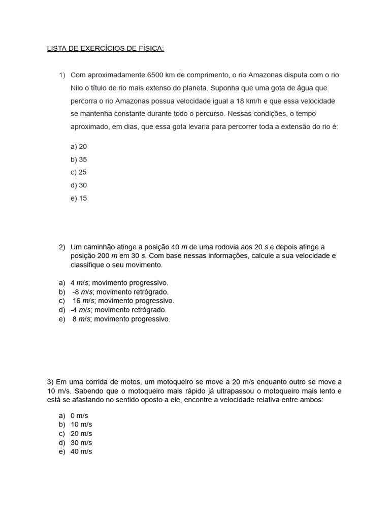 Exercícios de Física: Movimento e Velocidade | PDF | Velocidade ...