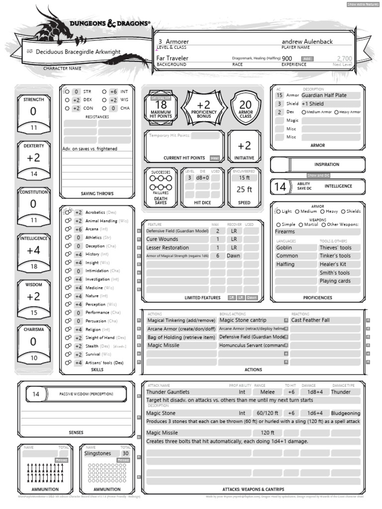 AKAartificer3medic Character Record Sheet (v13.1.0) (Printer Friendly ...