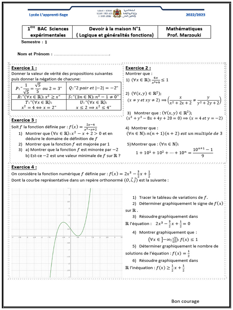 Devoir de maths 1ère BAC Sciences | PDF | Fonction (Mathématiques ...