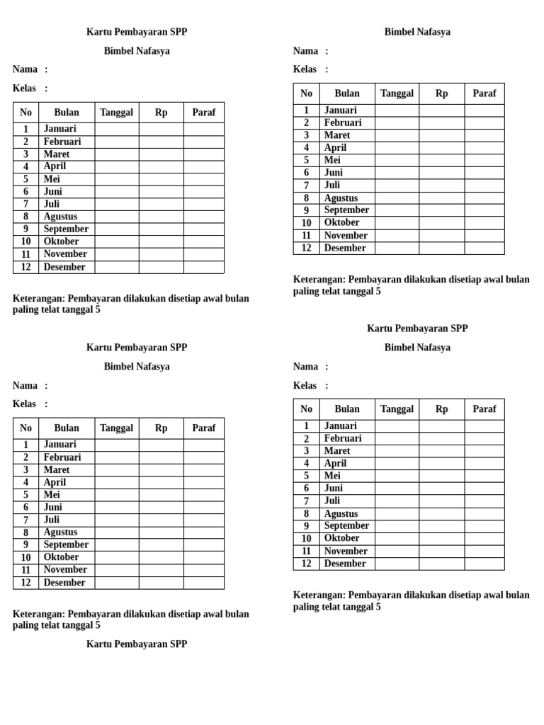 Kartu Pembayaran SPP Bimbel Nafasya | PDF