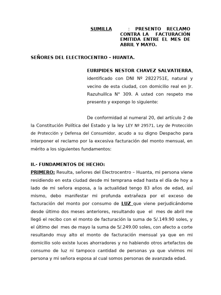 Reclamo por Excesiva Facturación de Luz | PDF | Justicia | Crimen y ...
