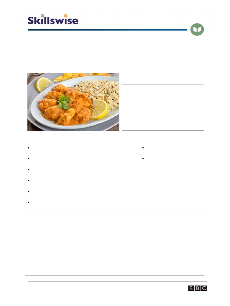 En05skim e2 w Scanning a Recipe Tikka Masala Ans PDF