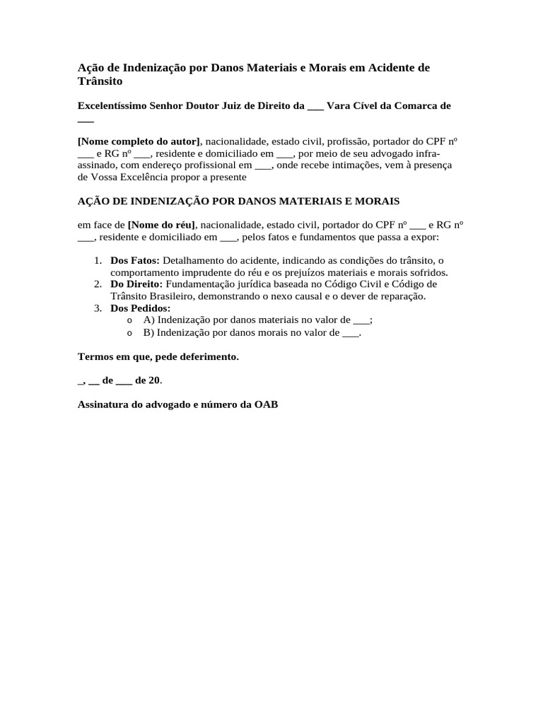 Ação de Indenização Por Danos Materiais e Morais em Acidente de ...