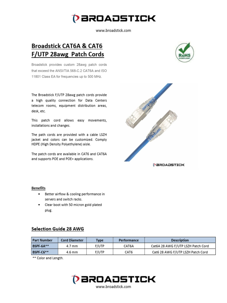 Broadstick 28AWG CAT6A Patch Cords | PDF | Equipment | Electrical ...
