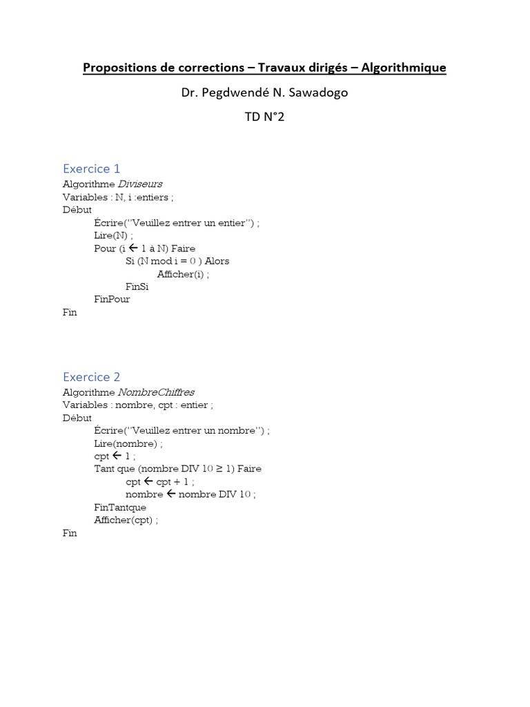 Algorithmes de base en algorithmique TD2 | PDF | Nombre | Mathématiques ...