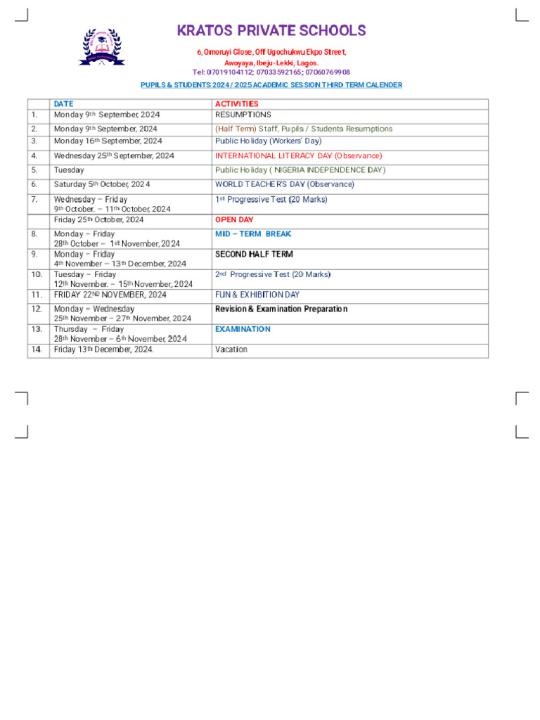 Calender For Pupils Students 2024 First Term Phoenix PDF