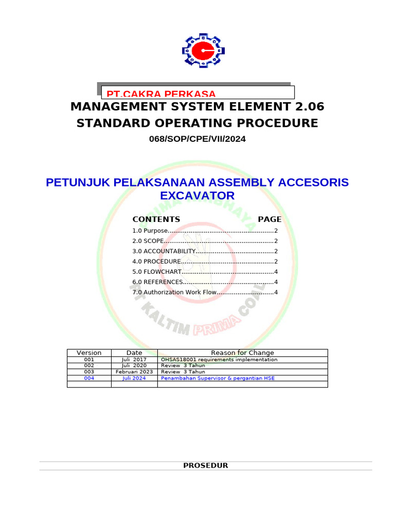 SOP Assembly Aksesori Excavator 2024 | PDF