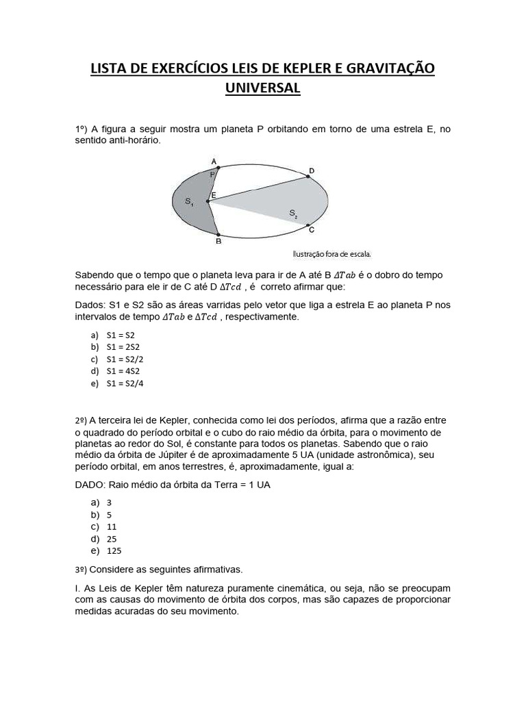 Lista de Exercícios Leis de Kepler e Gravitação Universal | PDF ...