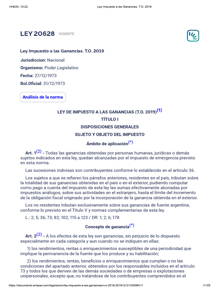 Ley Impuesto A Las Ganancias. T.O. 2019 | PDF | Impuesto sobre la renta ...
