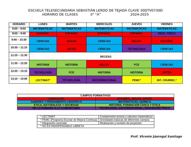 Horario 3°A Telesecundaria 2024-2025 | PDF | Estudios de idiomas ...