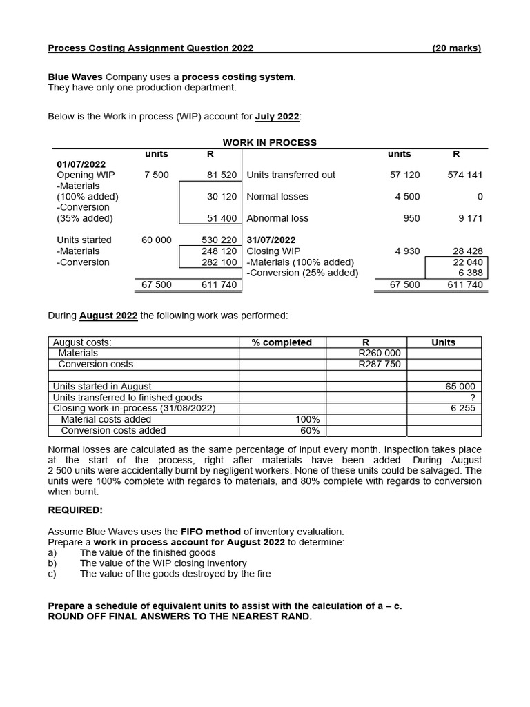 Process Costing Assignment Question 2022 | PDF | Inventory
