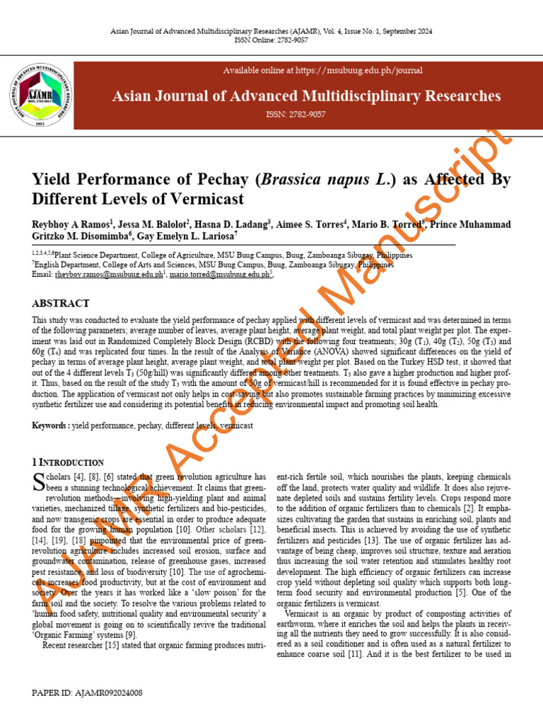 Pechay Yield with Vermicast Levels | PDF | Soil | Fertilizer