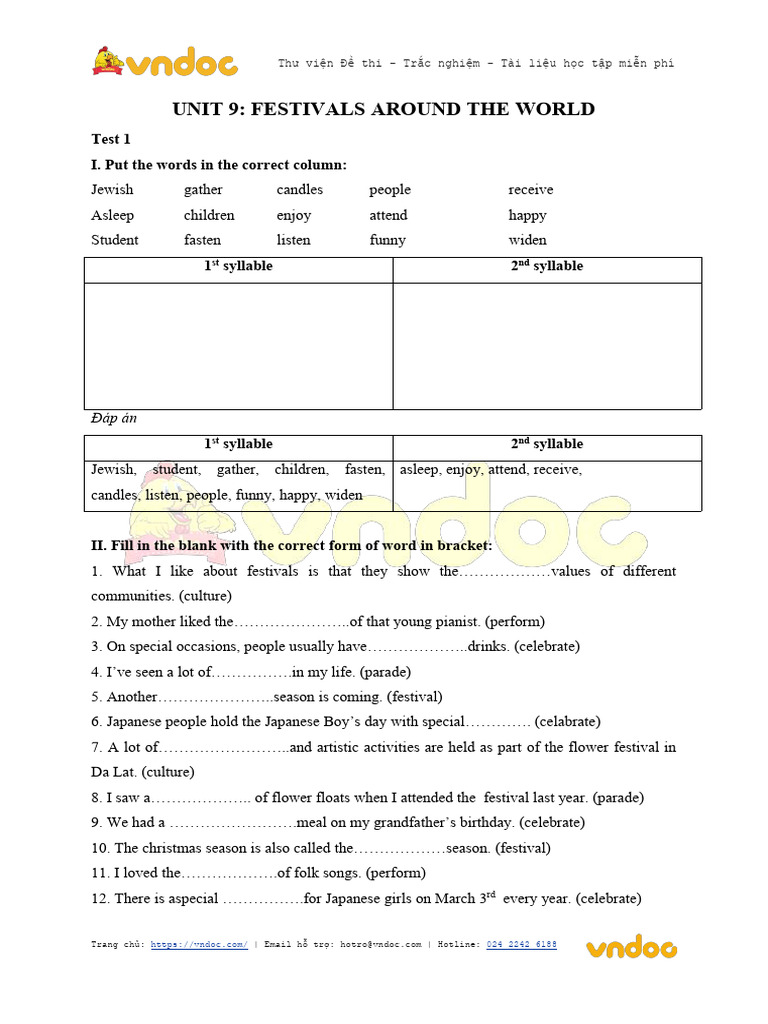 Bai Tap Tieng Anh Lop 7 Thi Diem Unit 9 Festivals Around The World | PDF