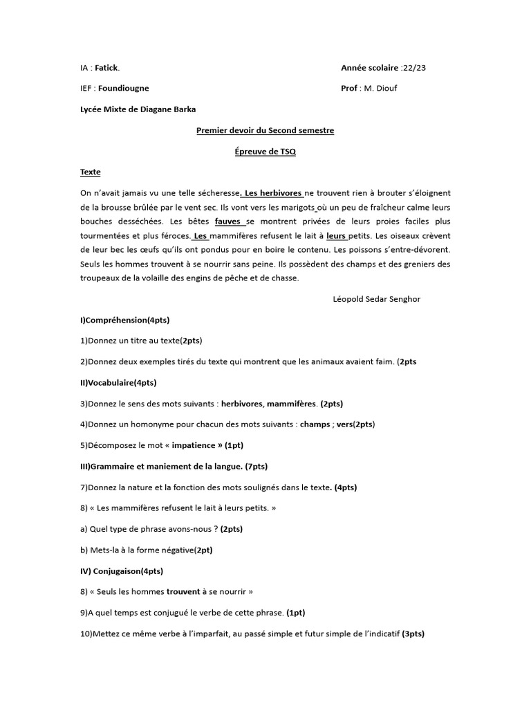 Devoir de TSQ : Compréhension 6e | PDF | Sciences et mathématiques
