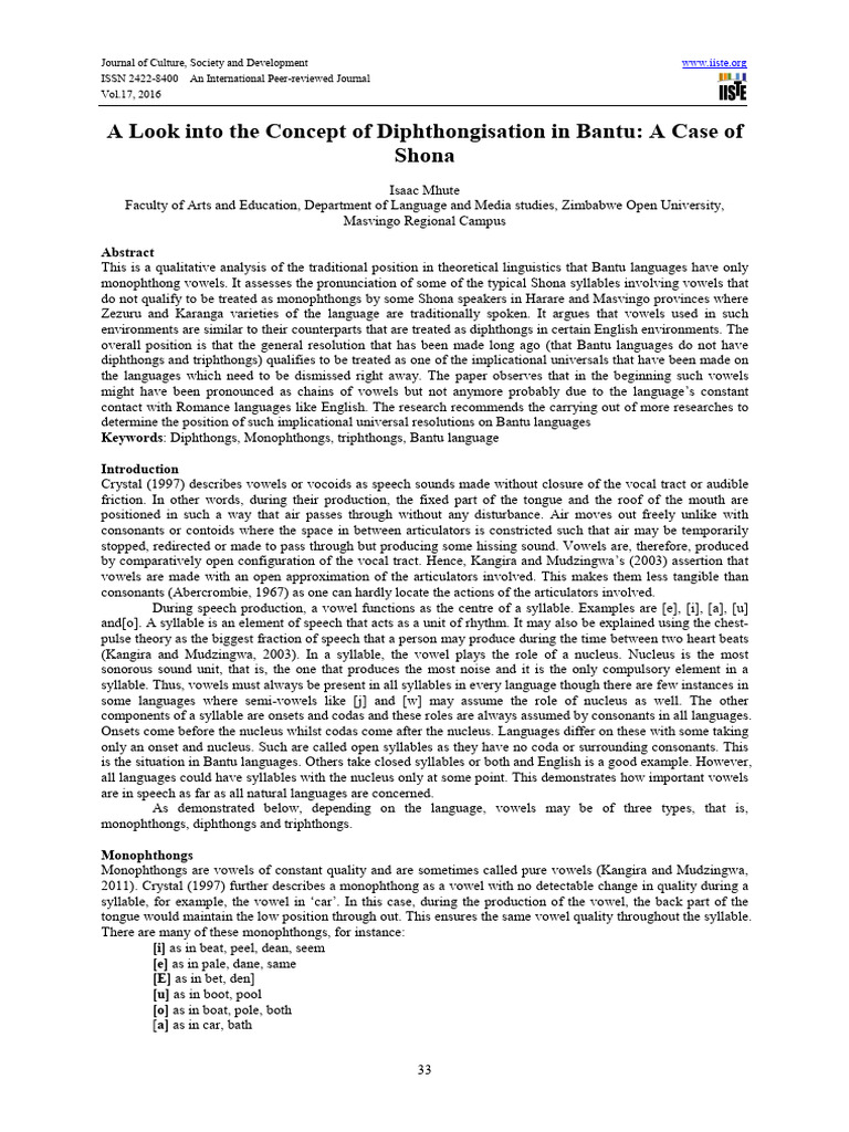 Diphthongisation in Shona Language | PDF | Syllable | Vowel