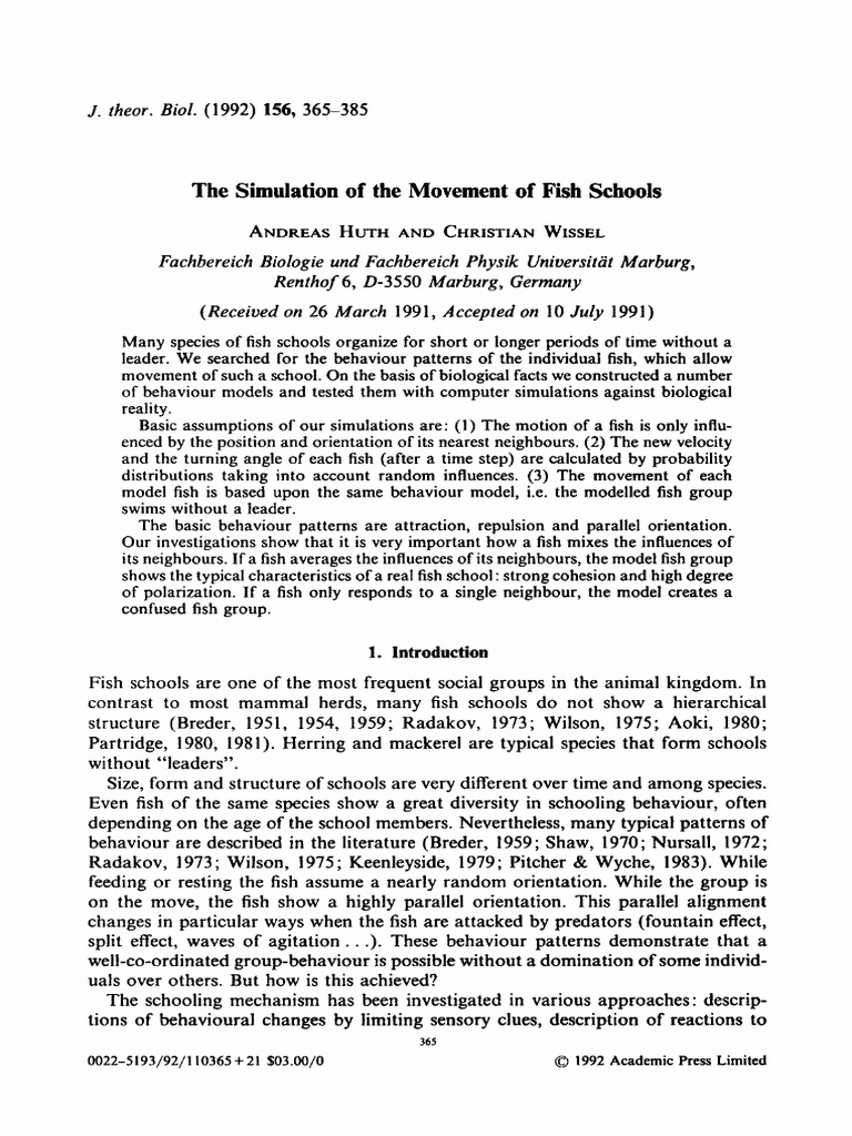 The Simulation of The Movement of Fish Schools: J. Theor. Biol | PDF ...