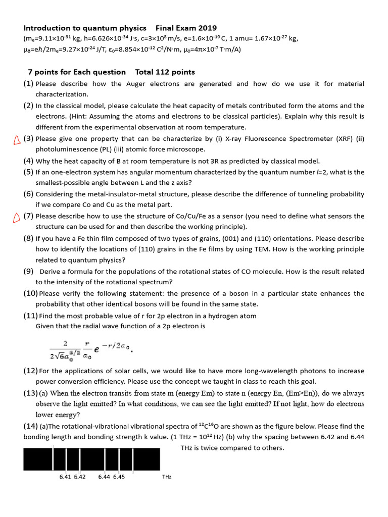 Quantum Physics Final Exam 2019 | PDF | Electron | Atoms