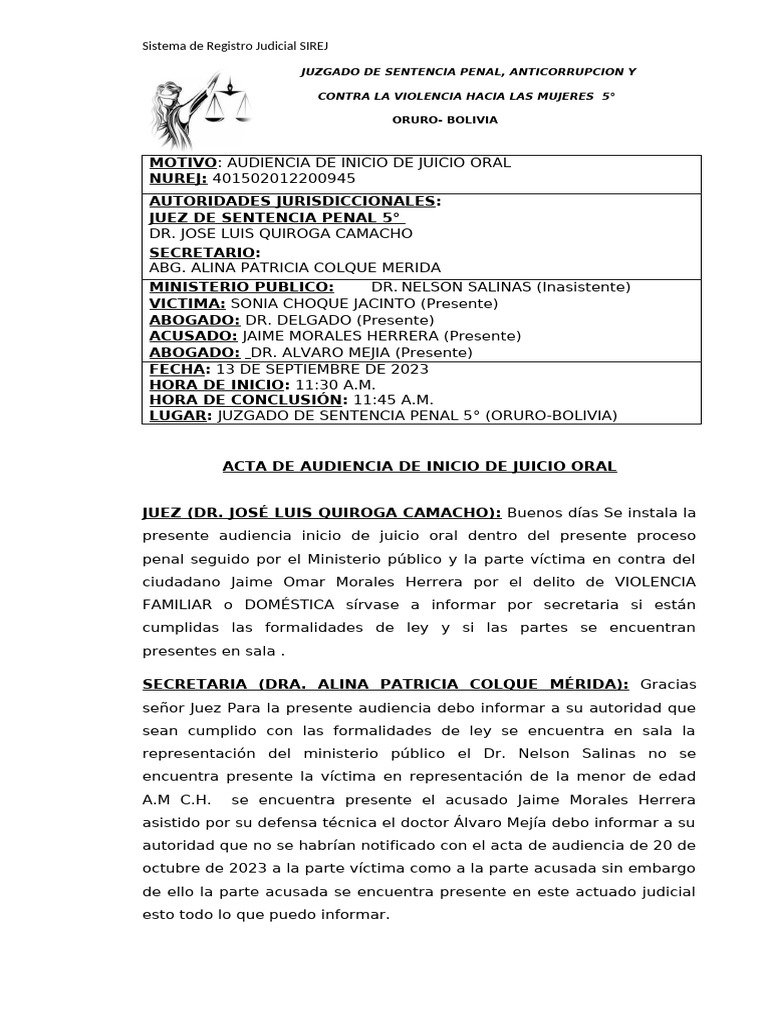 Audiencia de Juicio Oral por Violencia Familiar | PDF | Fiscal ...