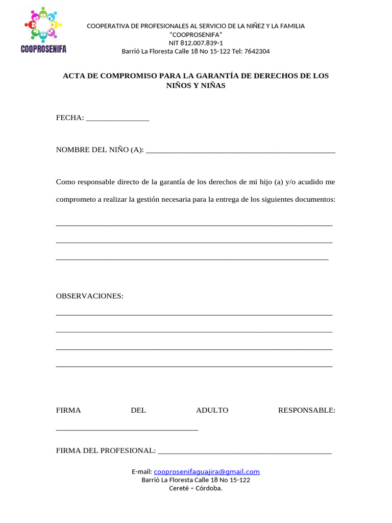 Acta de Compromiso Niños y Niñas | PDF