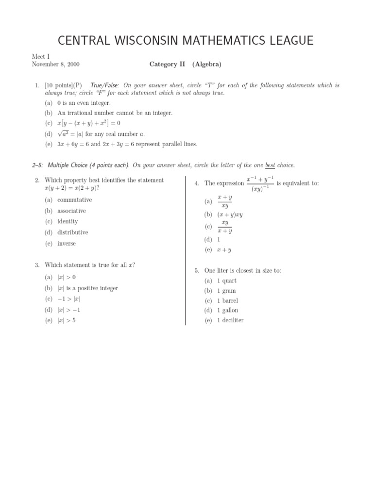 Central Wisconsin Math League Exam | PDF | Integer | Numbers