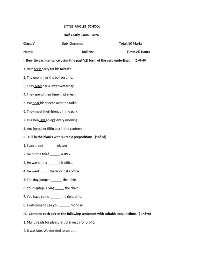 Class 5 Grammar Exam Paper 2024 | PDF | Noun | Deforestation