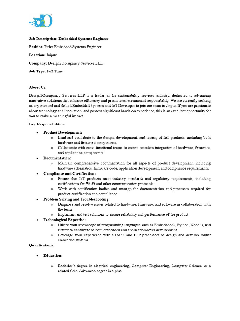 JD D2O Embedded System Engineer | PDF | Embedded System | Internet Of ...