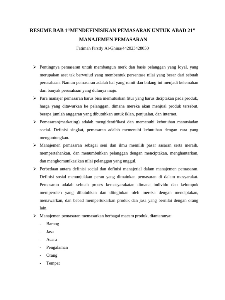Resume Bab 1 Manajemen Pemasaran | PDF