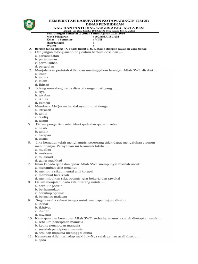 Soal Agama Kls 6 Semester 2 Pdf