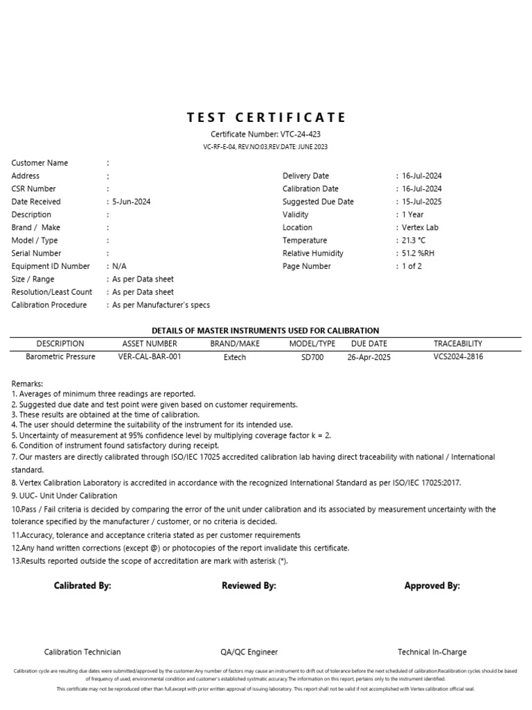 Calibration Certificate for Extech SD700 | PDF | Calibration | Metrology