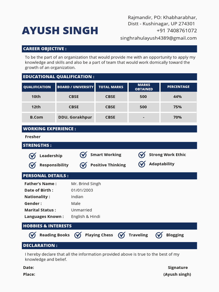 Fresher Resume of Ayush Singh | PDF