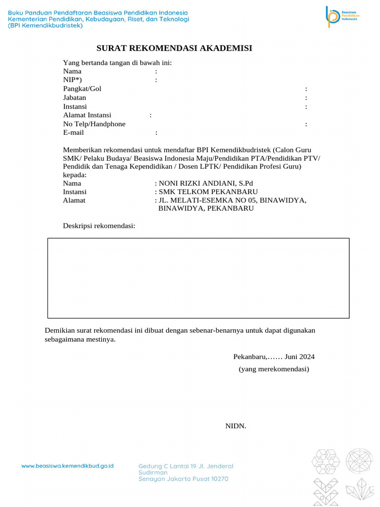 Surat Rekomendasi Akademisi untuk Beasiswa | PDF