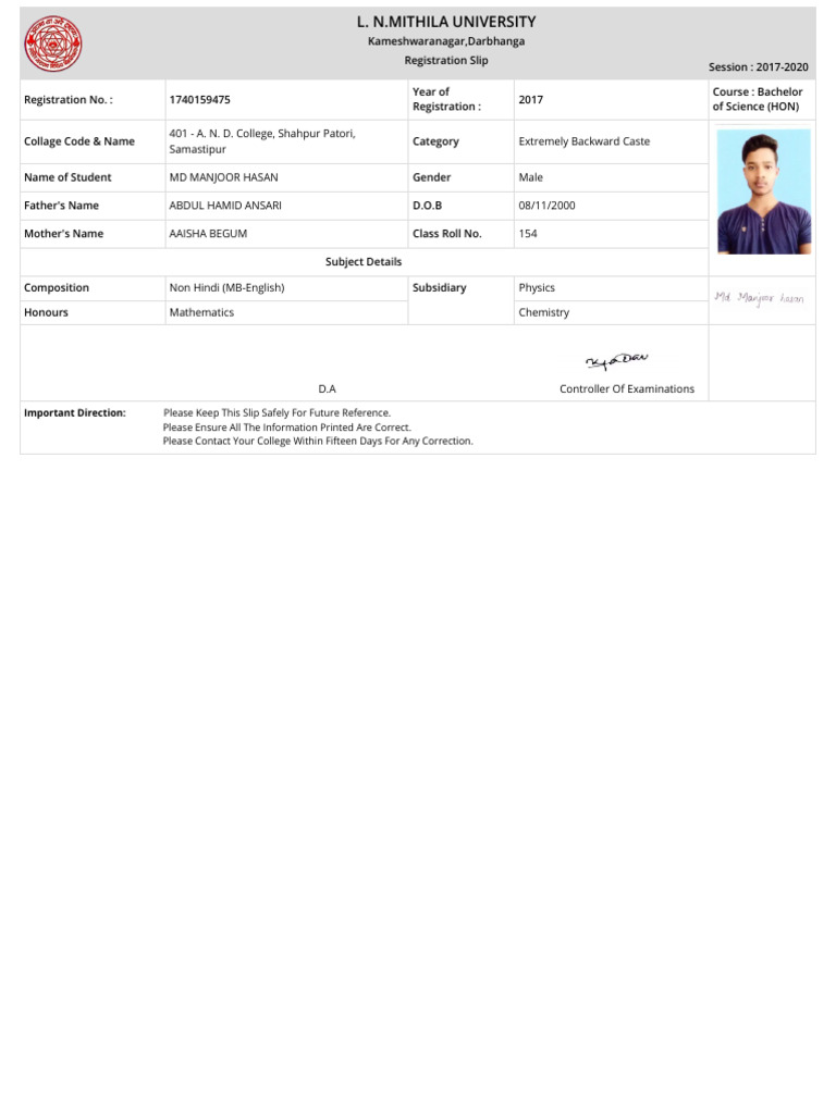 B.Sc Registration Slip for MD Manjoor Hasan | PDF