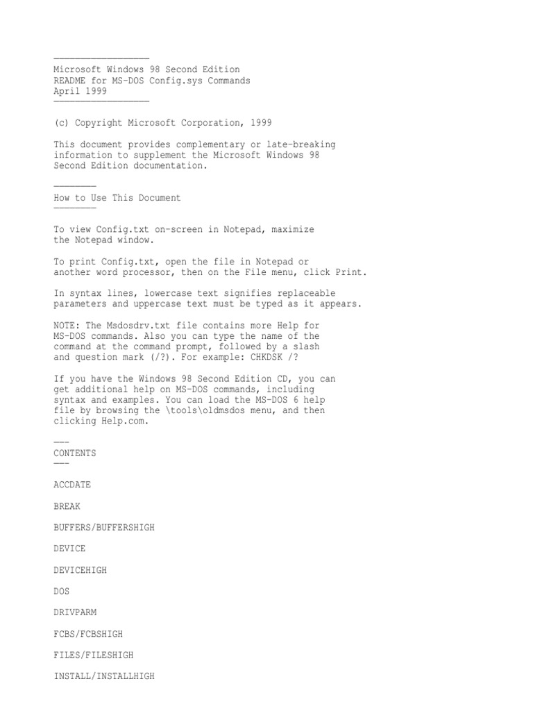 Windows 98 Config.sys Command Guide | PDF