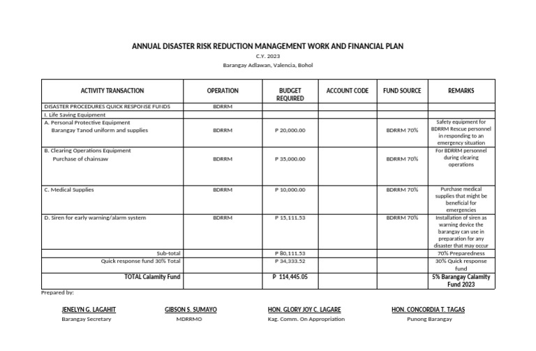 Barangay Adlawan BDRRM Financial Plan 2023 | PDF | Emergency Management ...