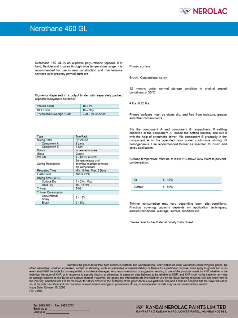 Nerothane 460 GL Product Overview | PDF | Polyurethane | Materials