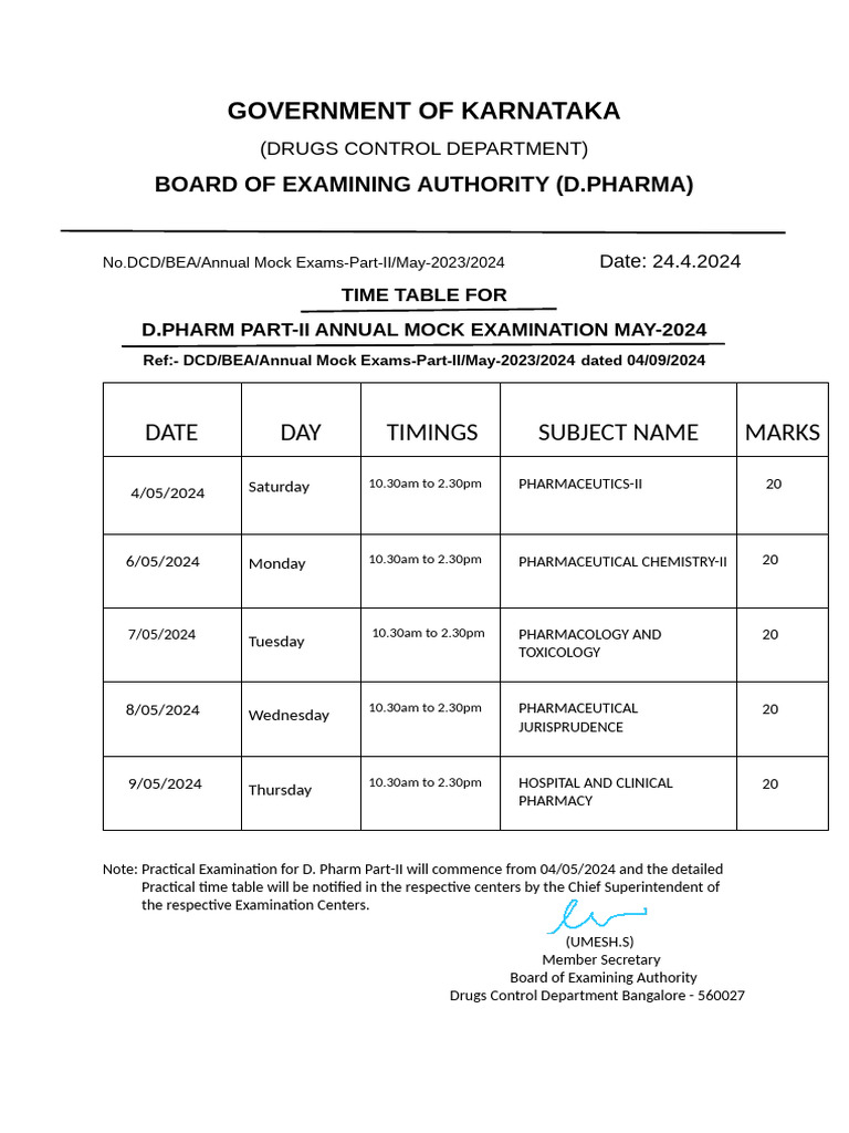 D.Pharm Part-II Mock Exam Schedule 2024 | PDF
