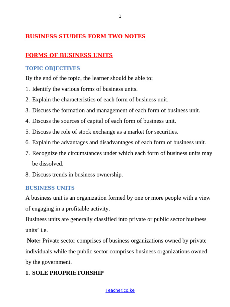 SS2 Business Studies Notes: Forms of Business | PDF | Partnership ...