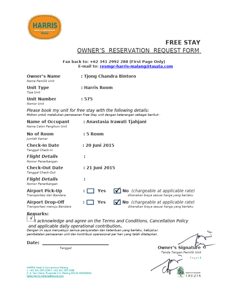 Form Freestay Reservation 2015 | PDF