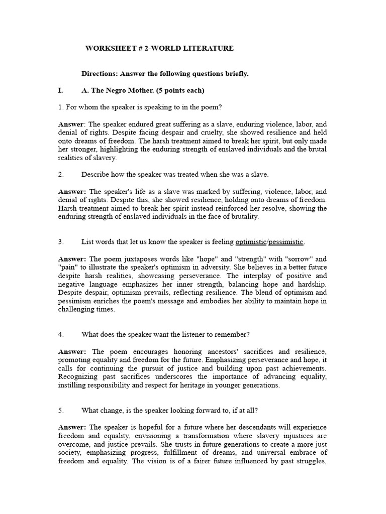 Worksheet 2 Essay African Literature | PDF | Optimism | Hope