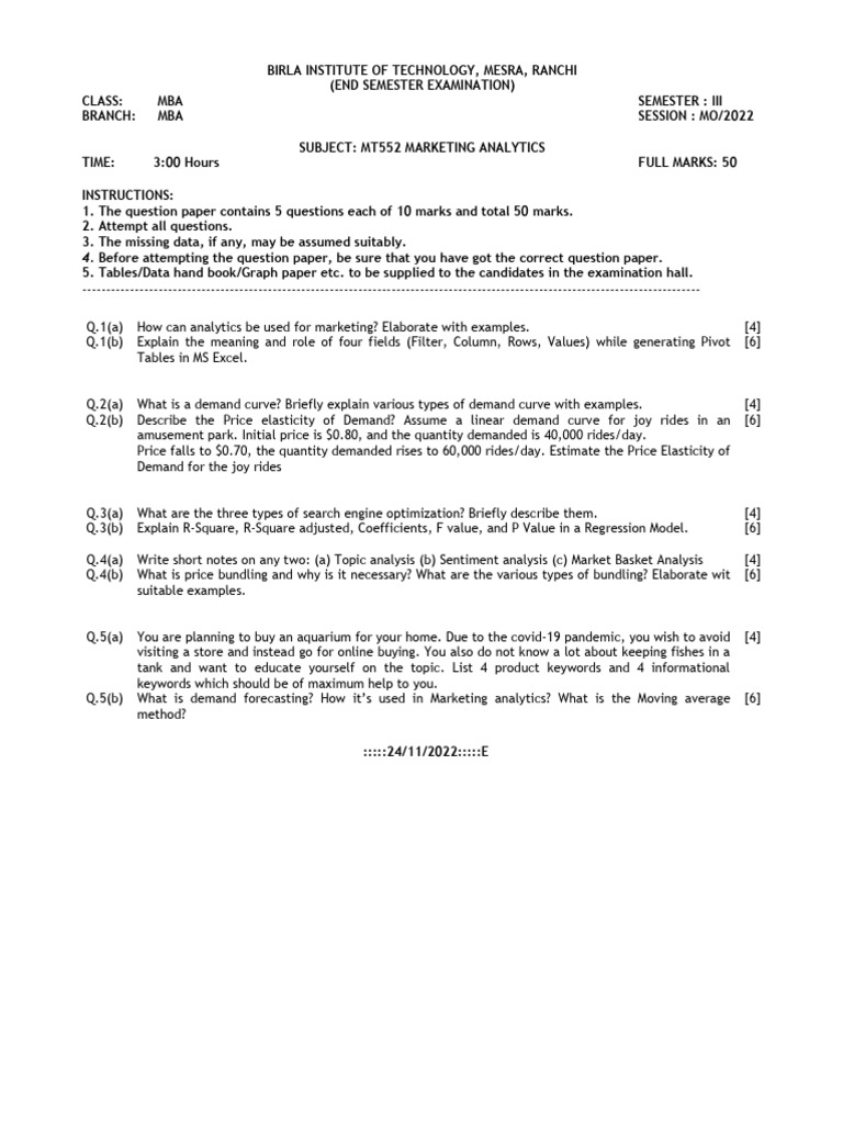 MT552 Marketing Analytics Exam Paper | PDF | Demand | Coefficient Of ...