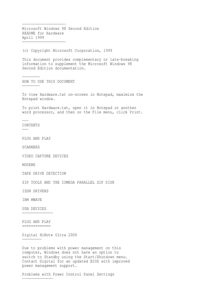 Microsoft Windows 98 Second Edition README For Hardware, April 1999 | PDF