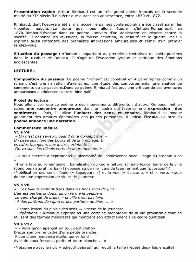 Arthur Rimbaud Roman Dans Le Cahier de Douai 1 - Copie | PDF