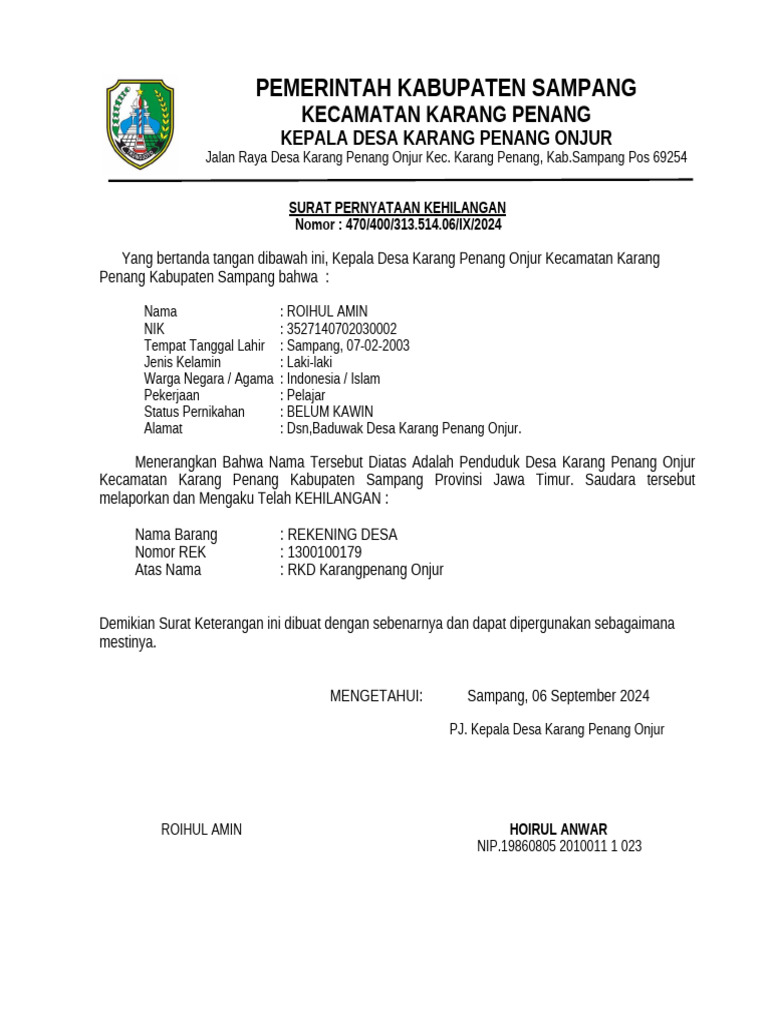 Surat Keterangan Hilang 1 | PDF