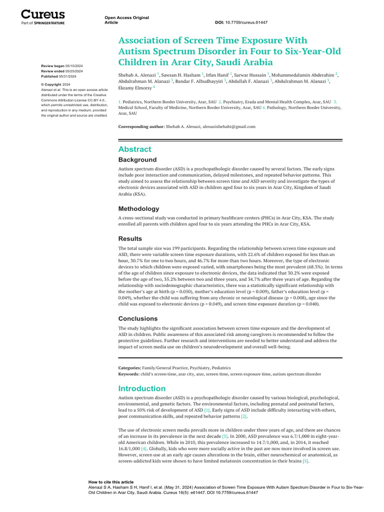 Association of Screen Time Exposure With Autism Spectrum Disorder in ...